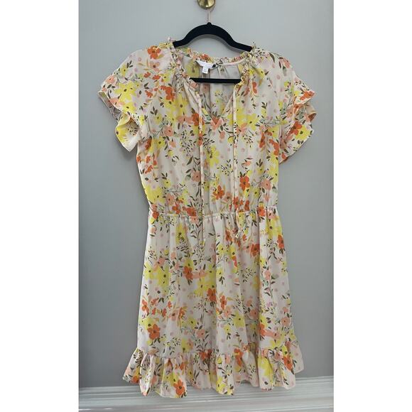 Lauren Conrad Yellow Floral Girly Summer Ruffle-Sleeve Fit & Flare Dress‎ Large - Picture 2 of 9